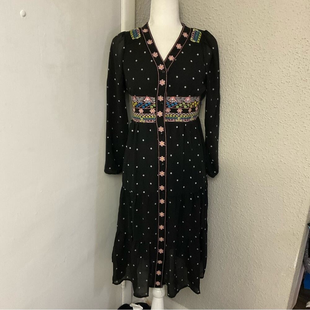 Aly Daly Black Polka Dot Embroidered Boho Peasant Sheer Lined Dress M Cottage